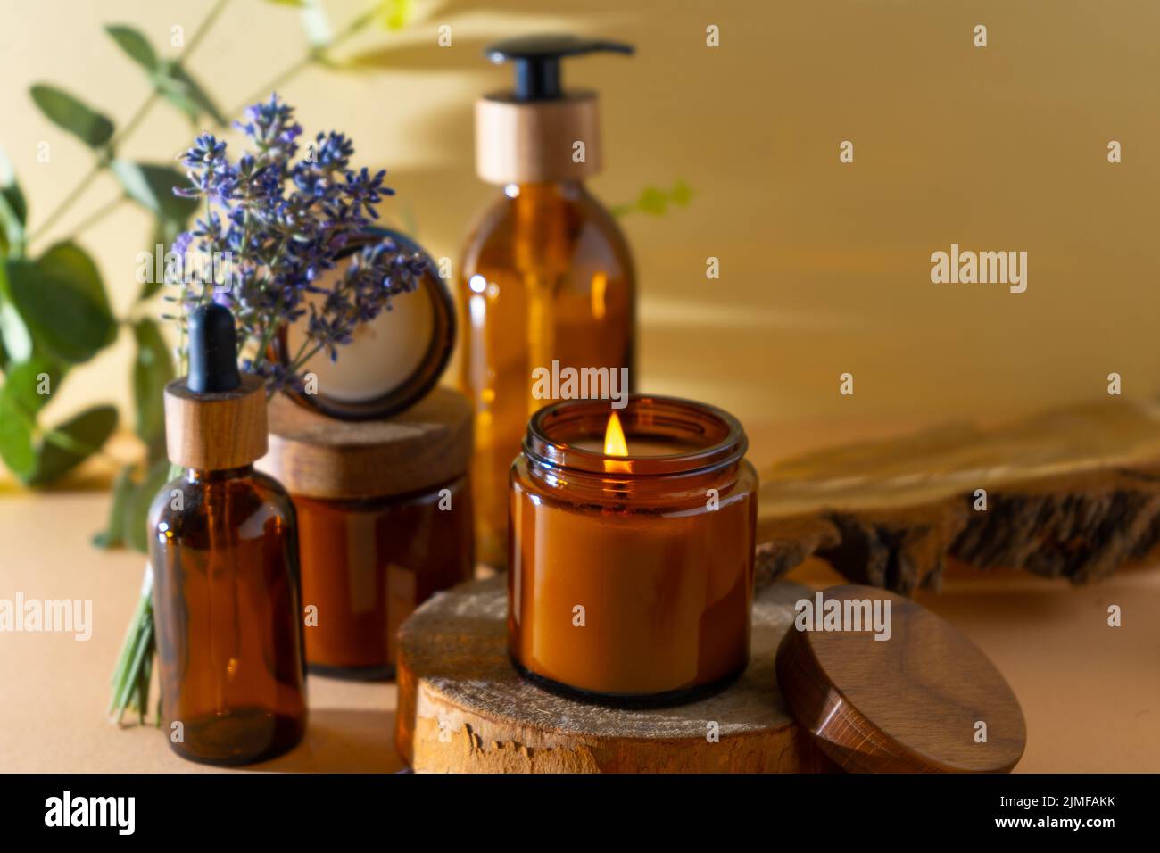 Soy candles in a glass jar. Aromatherapy. Burning candle and lavender ...