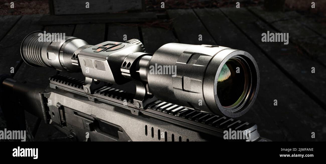 Night vision rifle scope mounted on a modern sporting rifle Stock Photo