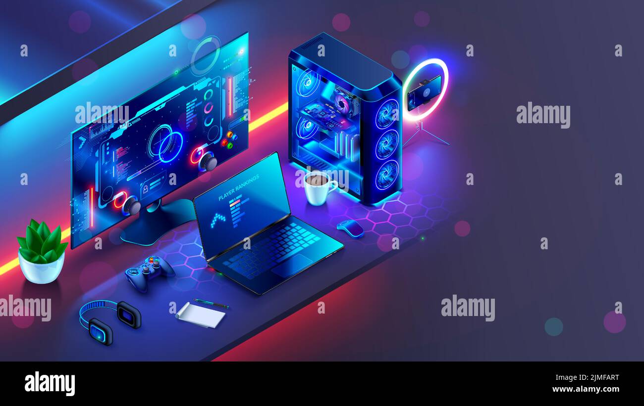 Gaming computer on desk in video gamer room with neon lights. Gaming PC monitor with abstract interface of computer game. Workstation of gaming Stock Vector