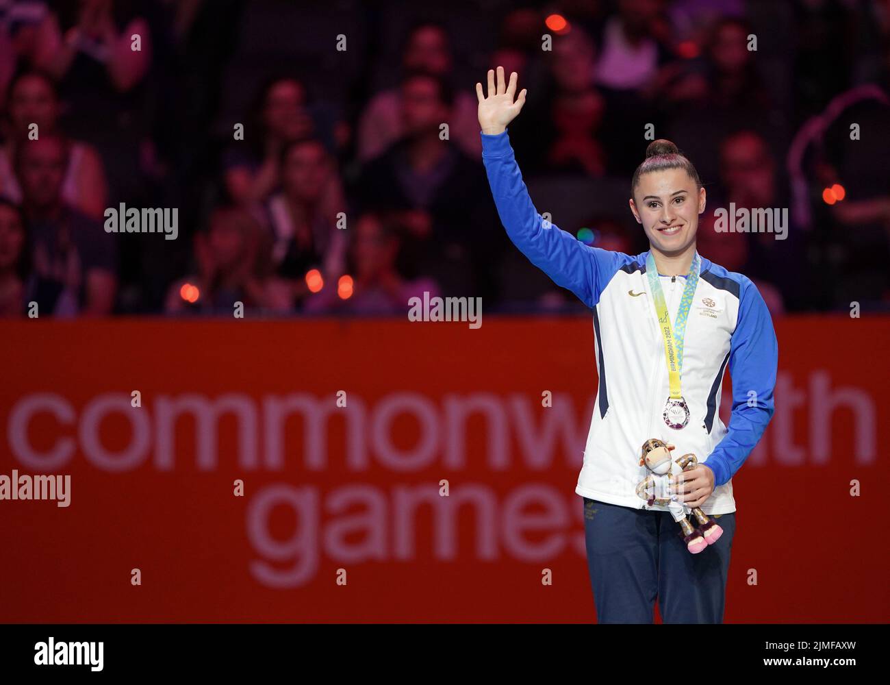 Scotland's Louise Christie after winning silver in the Rhythmic Gymnastics Ribbon Final at Arena Birmingham on day nine of the 2022 Commonwealth Games in Birmingham. Picture date: Saturday August 6, 2022. Stock Photo