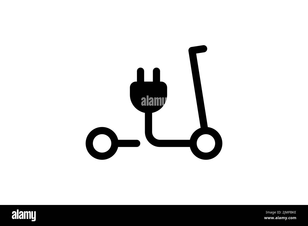 Electric push scooter icon. Black cable electrical kick e-scooter contour and plug charging symbol. Eco friendly electro vehicle sign concept. Vector battery powered transportation eps illustration Stock Vector