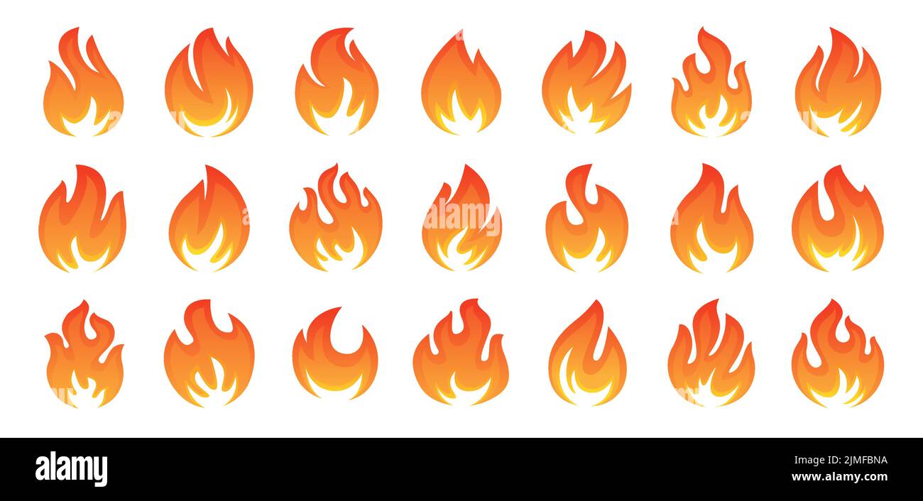 Flame, red hot bonfire set vector icons. Blazing, burning heat fire symbol. Ignition concept. Vector isolated Stock Vector