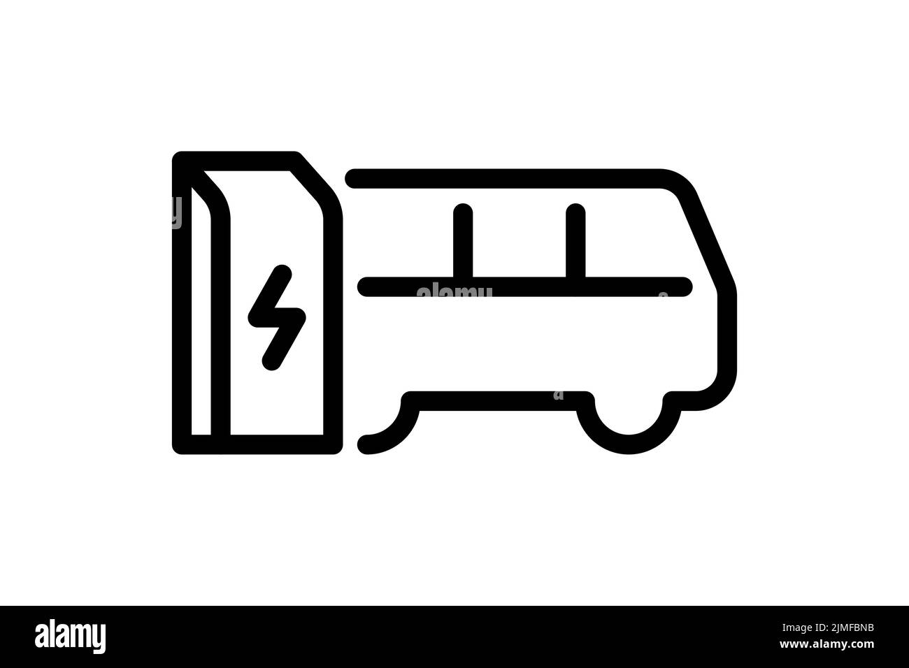 Electric bus charging in charger station linear icon. Electrical e-bus energy charge black symbol. Eco friendly electro vehicle recharge sign. Vector battery powered EV transportation eps logo Stock Vector