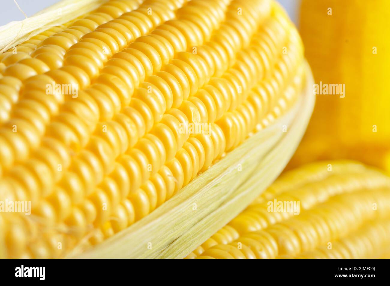 Ripe fresh organic sweet corncob with leaf closeup background Stock Photo