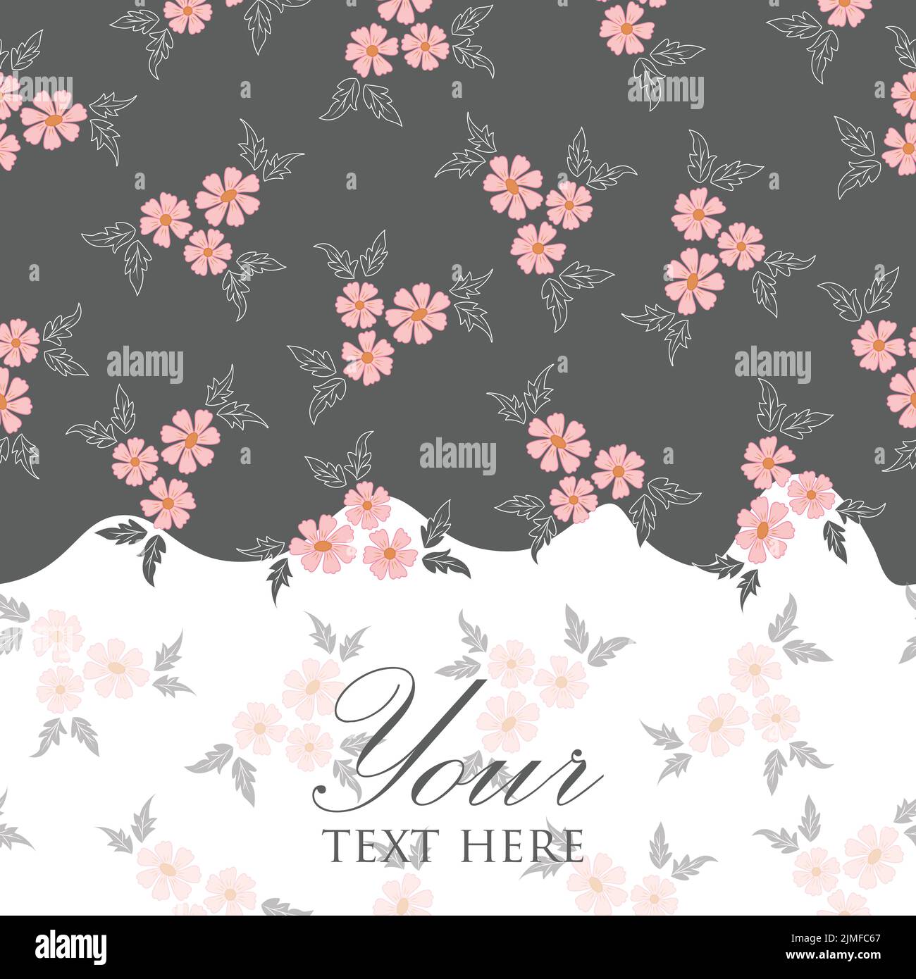 Vector trendy pink floral ditsy on grey white ground horizontal seamless border pattern background Stock Vector