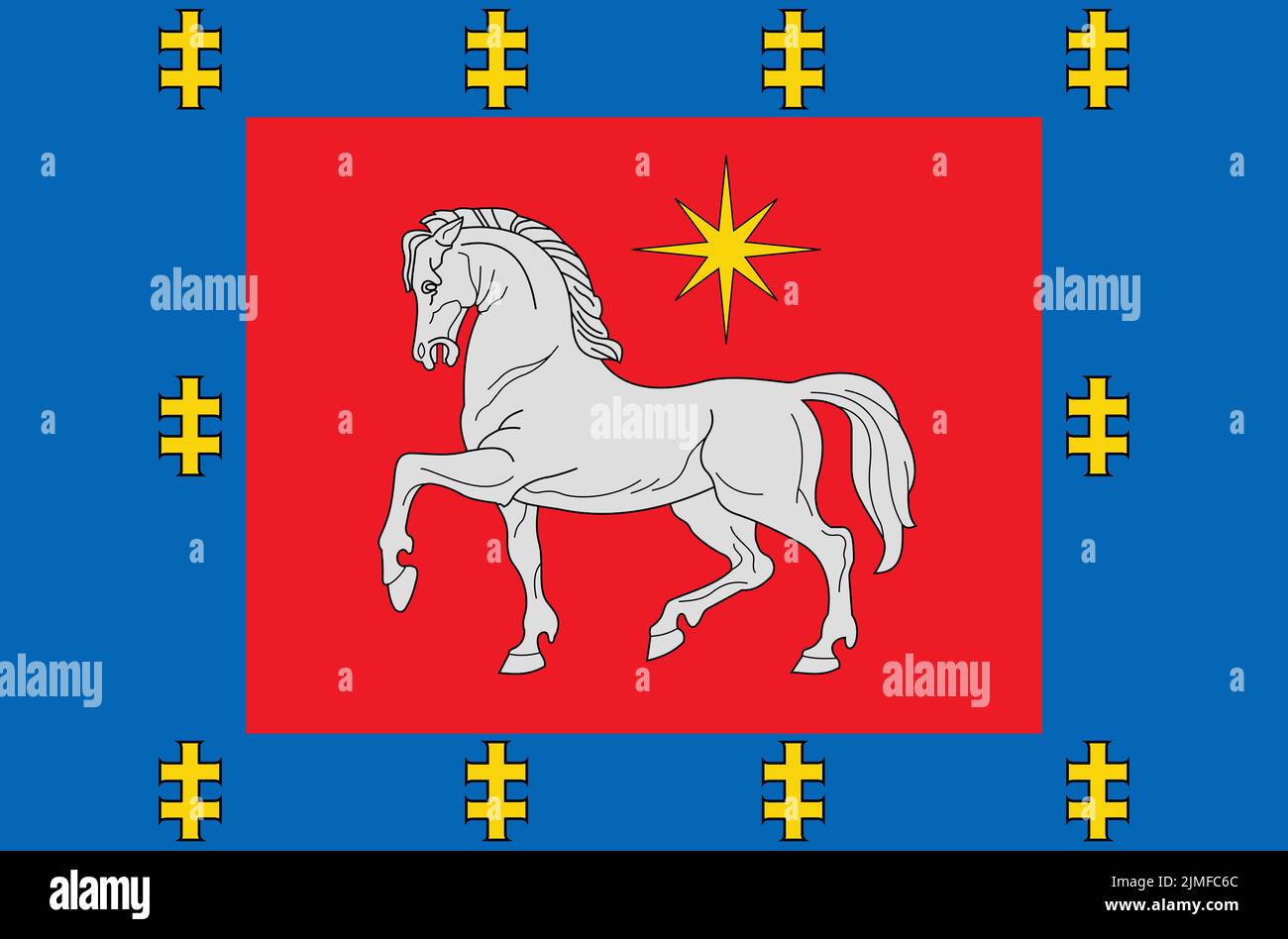 Top view of flag Utena County lithuania. Lithuanian travel and patriot concept. no flagpole. Plane layout, design. Flag background Stock Photo