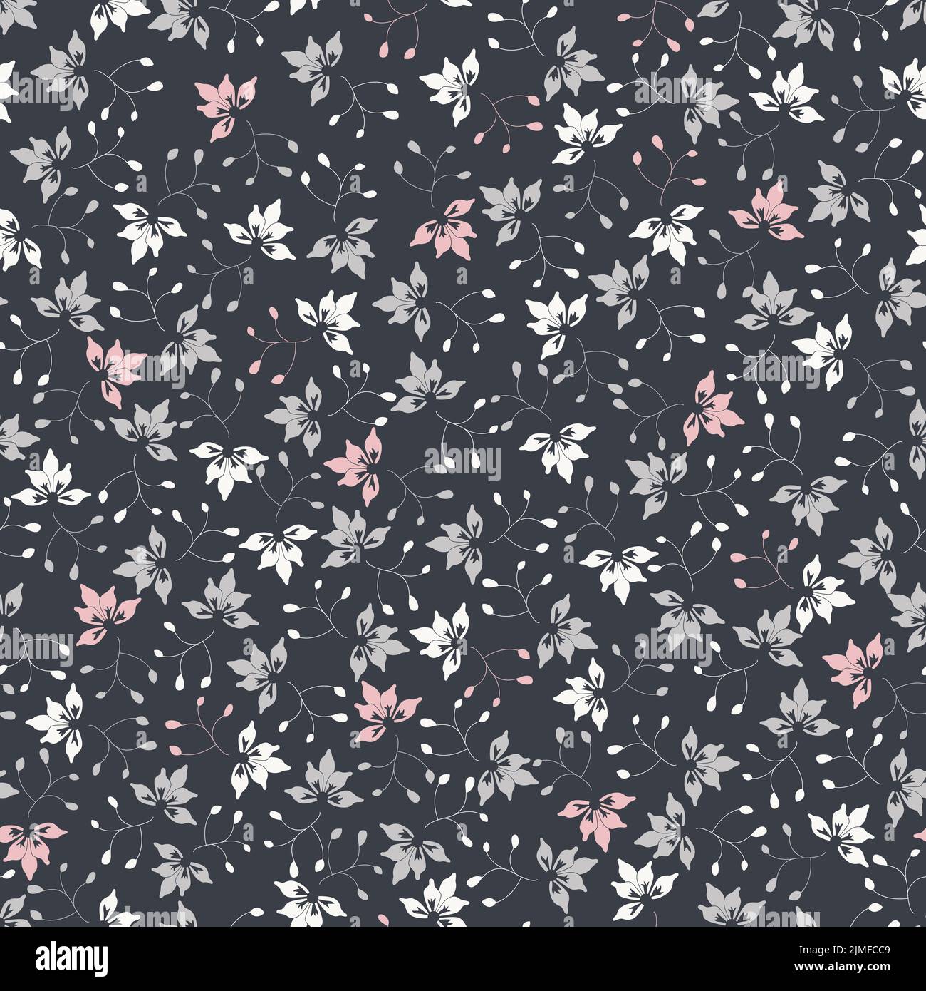 Vector tiny floral network on dark seamless repeat pattern background. Hand drawn elements Stock Vector