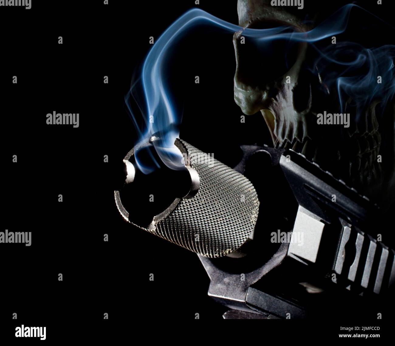 Ghost gun 3D illustration with a smoking gun in front and skul behind on a black background Stock Photo