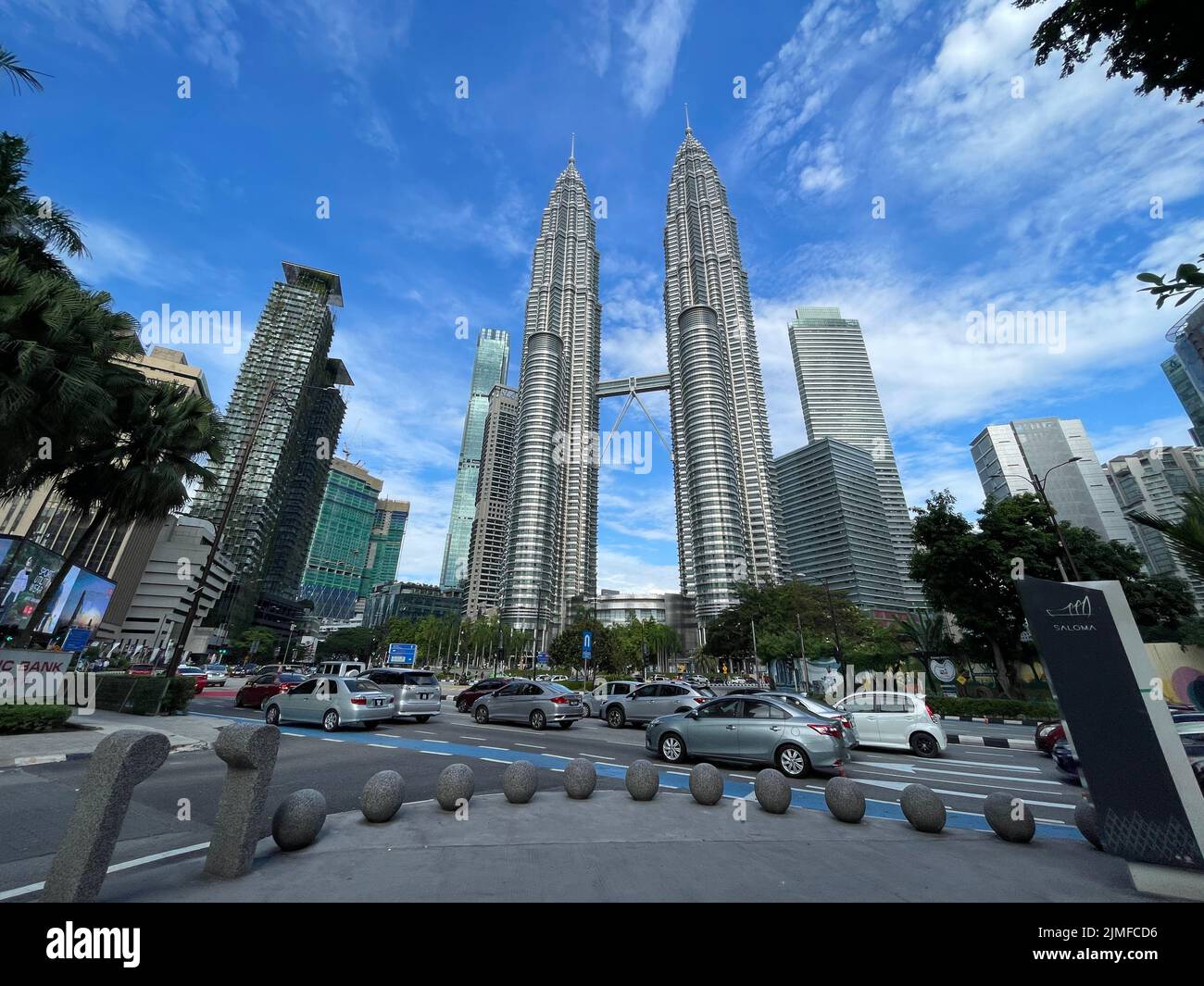 A low angle shot of the historic Twin Towers in Kuala Lumpur Stock Photo