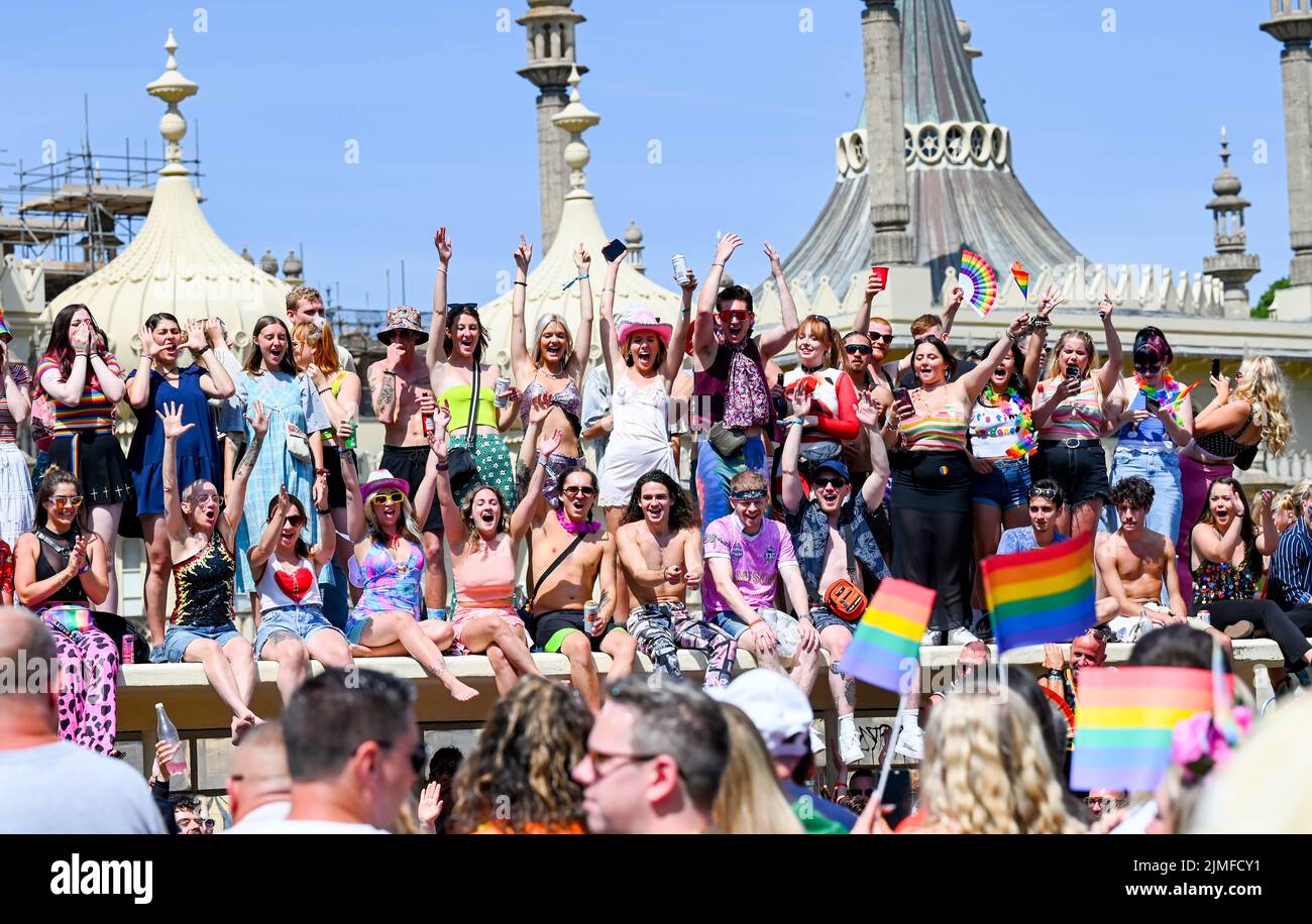 Brighton UK 6th August 2022 - Thousands take part in the  Brighton and Hove Pride Parade on a beautiful hot sunny day. With good weather forecast large crowds are expected to attend the UK's biggest LGBTQ Pride festival in Brighton over the weekend : Credit Simon Dack / Alamy Live News Stock Photo