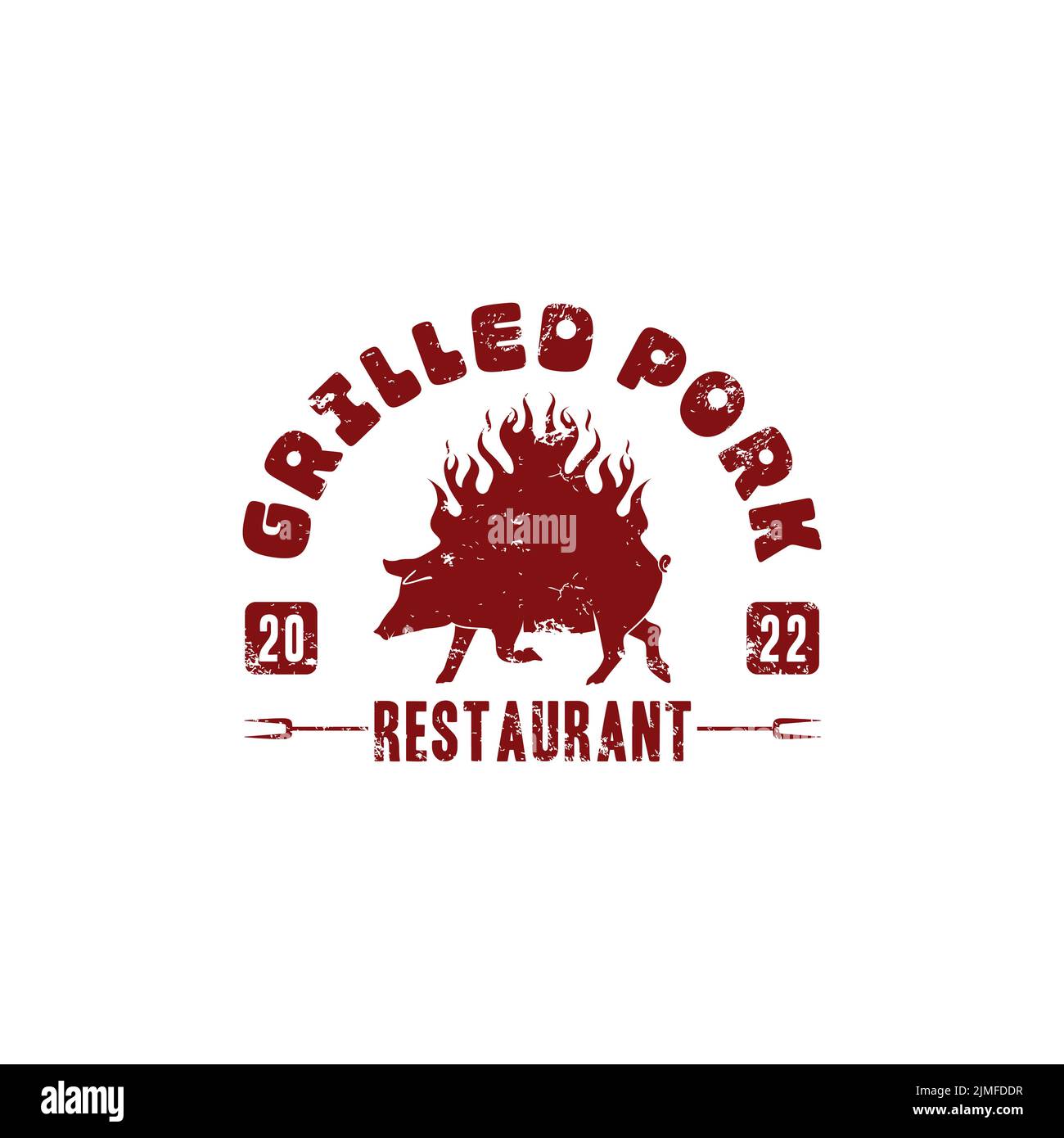 Vintage Grunge Burnt Pig Logo For Restaurant Grilled pork smoked pork Stock Vector