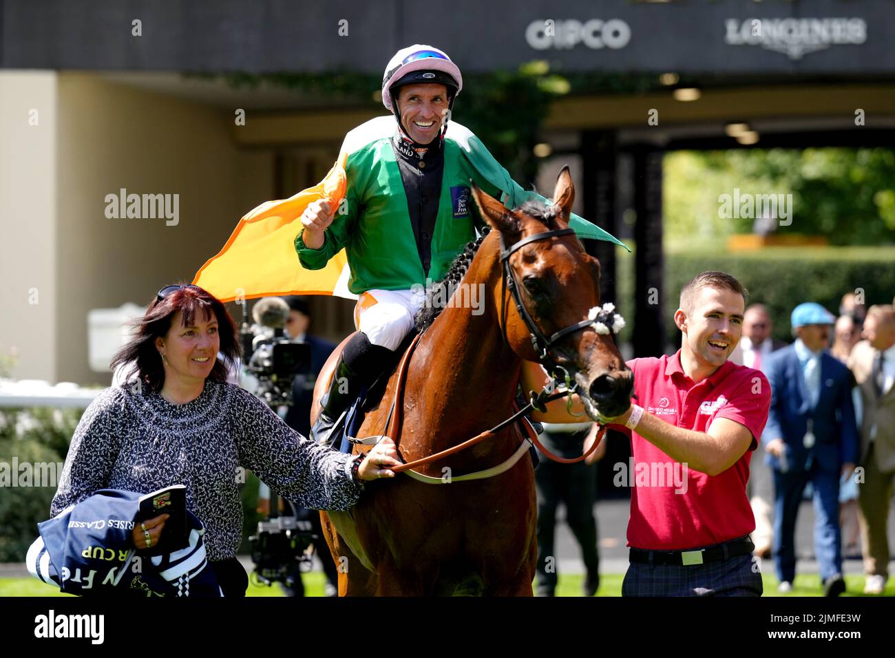 Neil Callan celebrates after winning The Dubai Duty Free Full Of Surprises Classified Stakes onboard Orbaan during the Shergar Cup Meeting at Ascot Racecourse. Picture date: Saturday August 8, 2022. Stock Photo