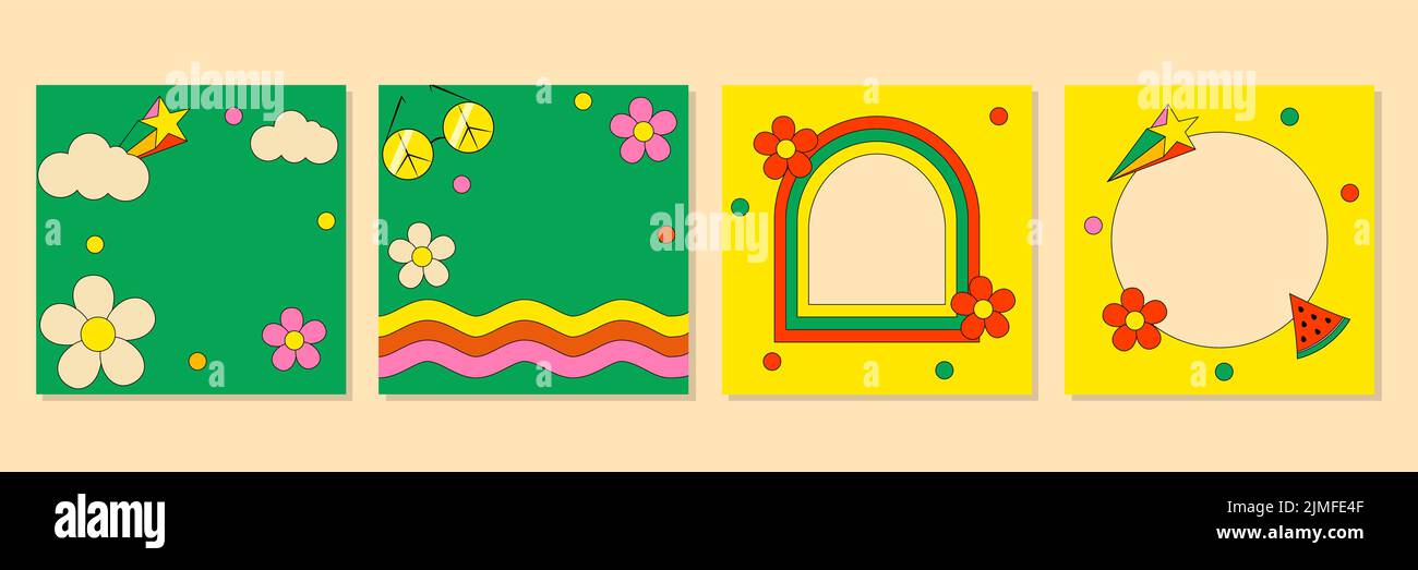 Set of Retro Psychedelic Groove Social Media Posts Stock Vector