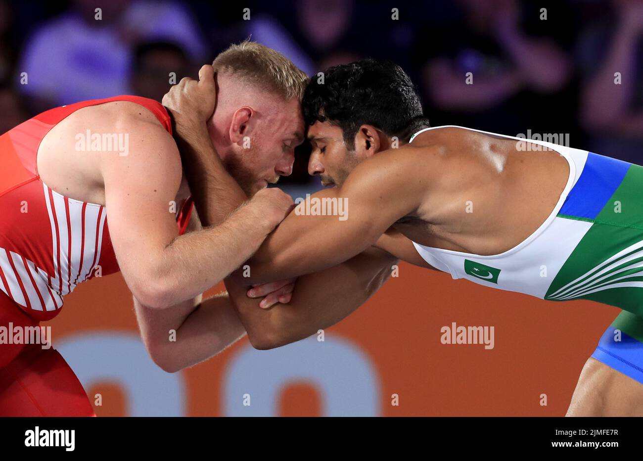 Scotland’s Cameron Nicol competes against Pakistan’s Tayab Raza in the Men’s Freestyle 97kg Quarter Final at the Coventry Arena on day nine of the 2022 Commonwealth Games. Picture date: Saturday August 6, 2022. Stock Photo