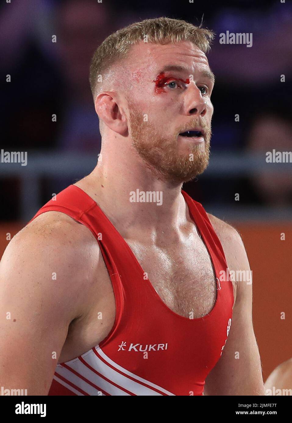 Scotland’s Cameron Nicol appears injured after his match against Pakistan’s Tayab Raza in the Men’s Freestyle 97kg Quarter Final at the Coventry Arena on day nine of the 2022 Commonwealth Games. Picture date: Saturday August 6, 2022. Stock Photo