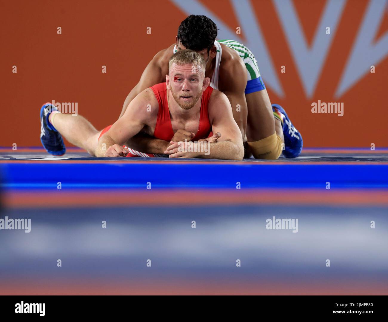 Scotland’s Cameron Nicol competes against Pakistan’s Tayab Raza in the Men’s Freestyle 97kg Quarter Final at the Coventry Arena on day nine of the 2022 Commonwealth Games. Picture date: Saturday August 6, 2022. Stock Photo
