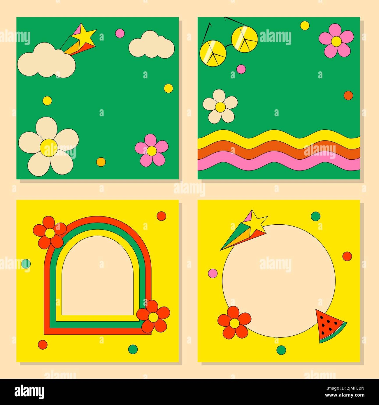 Set of Retro Psychedelic Groove Social Media Posts Stock Vector