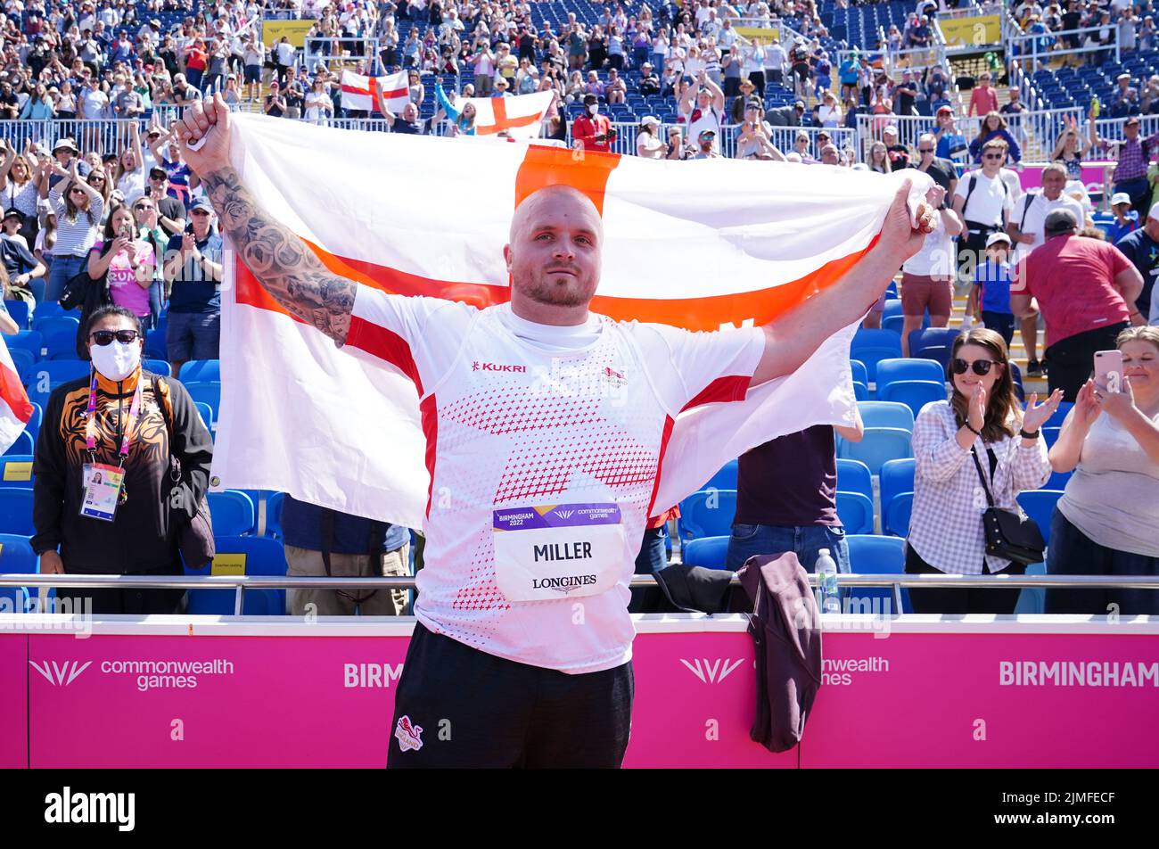England's Nick Miller celebrates winning the Men's Hammer Throw at