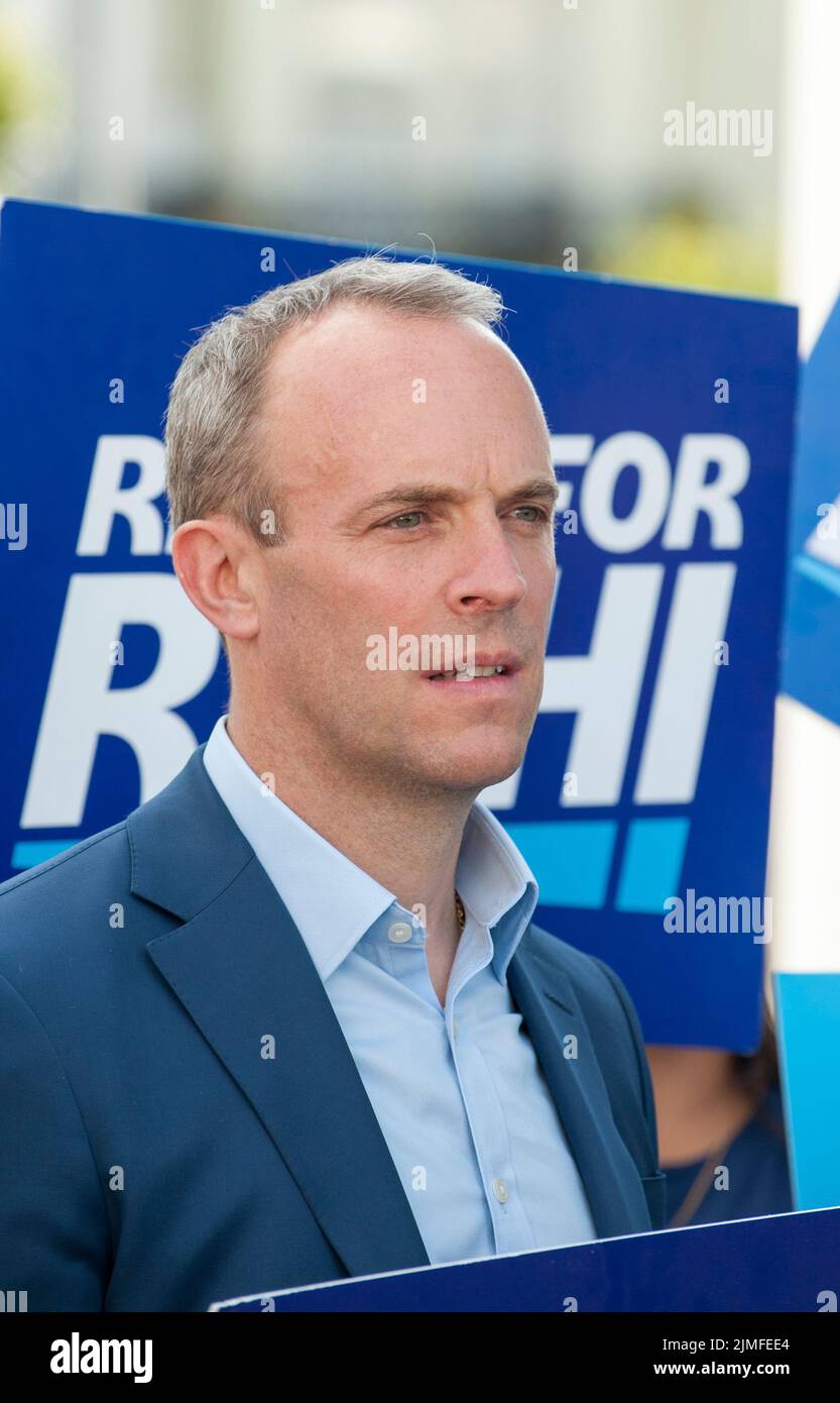 Dominic Raab, Deputy Prime Minister, MP for Esher and Walton arrives in Eastbourne to support Rishi Sunak MP as candidate campaigning to replace Boris Johnson as Party Leader and Prime Minister. Stock Photo