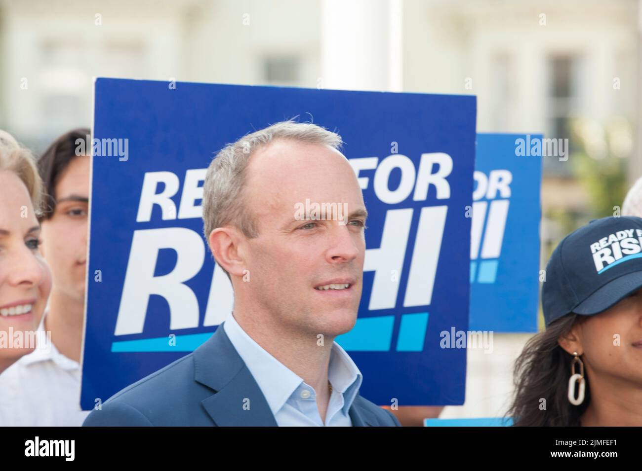 Dominic Raab, Deputy Prime Minister, MP for Esher and Walton arrives in Eastbourne to support Rishi Sunak MP as candidate campaigning to replace Boris Johnson as Party Leader and Prime Minister. Stock Photo