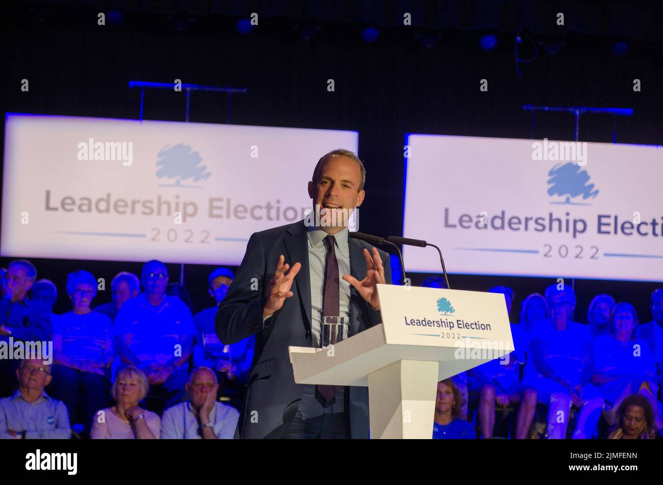 Dominic Raab, Deputy Prime Minister, MP for Esher and Walton addresses Conservative members in Eastbourne to support Rishi Sunak MP as candidate campaigning to replace Boris Johnson as Party Leader and Prime Minister. Stock Photo