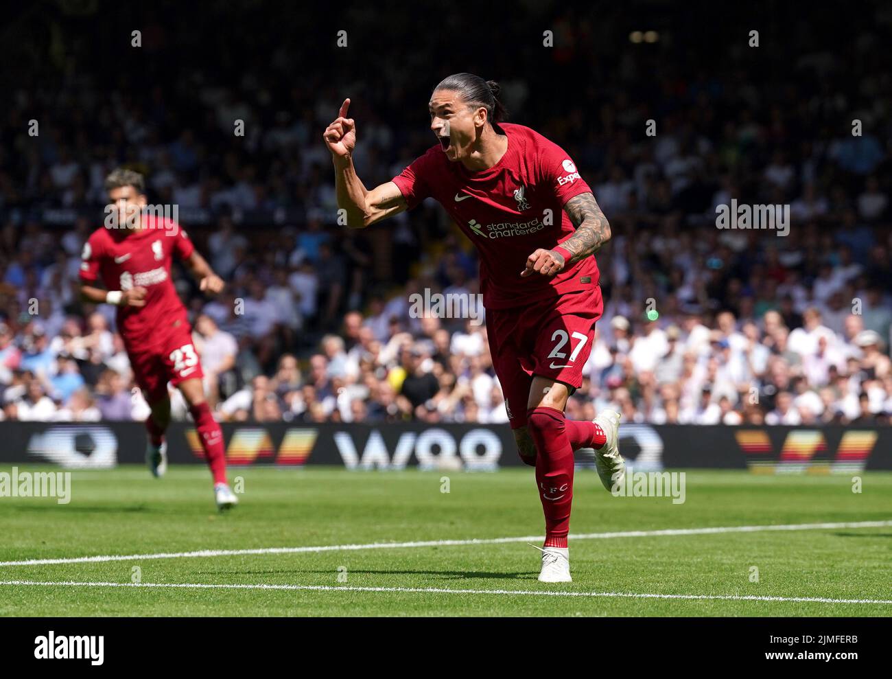 Liverpool's Darwin Nunez celebrates scoring their side's first goal of the game during the Premier League match at Craven Cottage, London. Picture date: Saturday August 6, 2022. Stock Photo