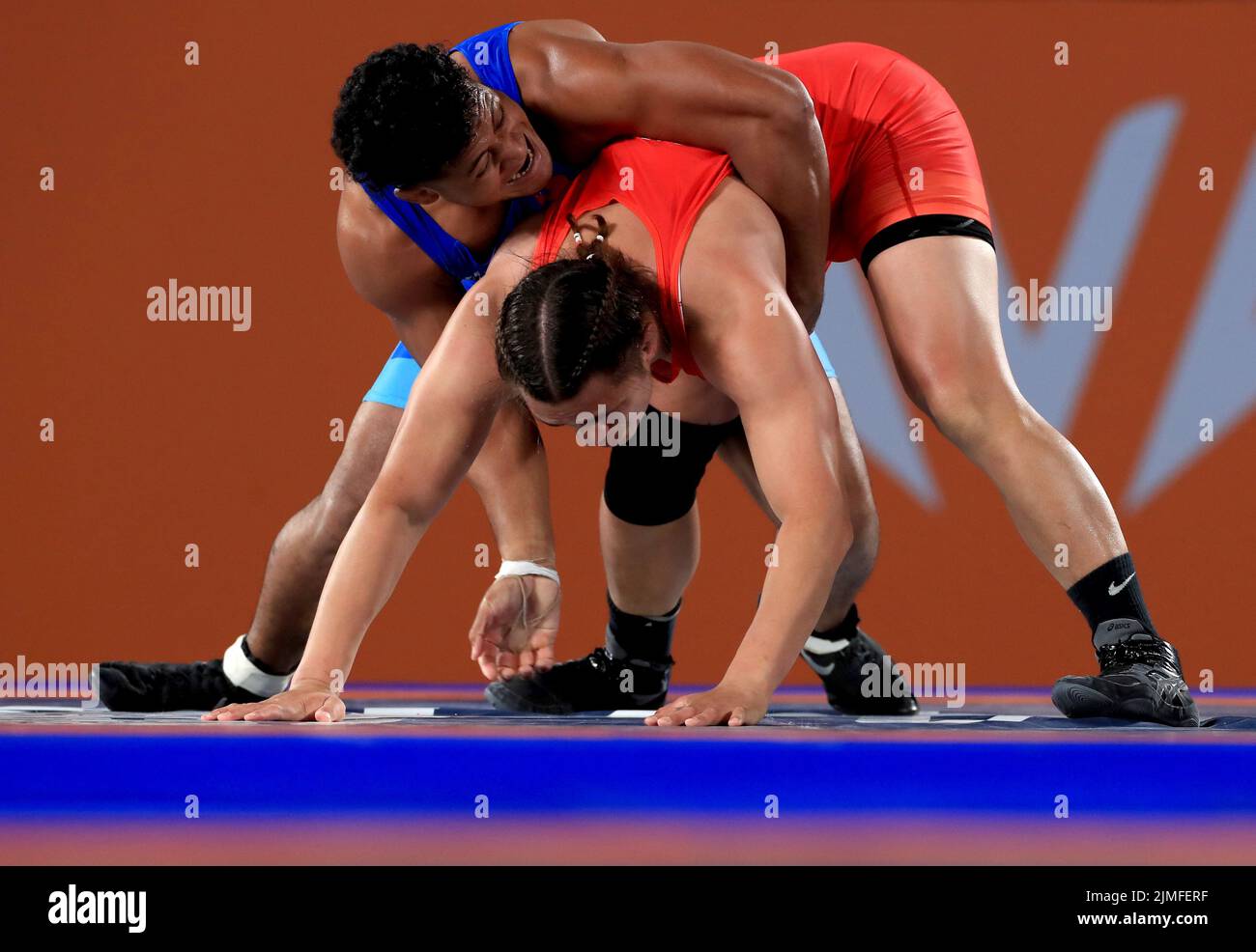 Canada’s Justina di Stasio competes against India’s Pooja Sihag in the Women’s Freestyle 76kg Semi Final at the Coventry Arena on day nine of the 2022 Commonwealth Games. Picture date: Saturday August 6, 2022. Stock Photo