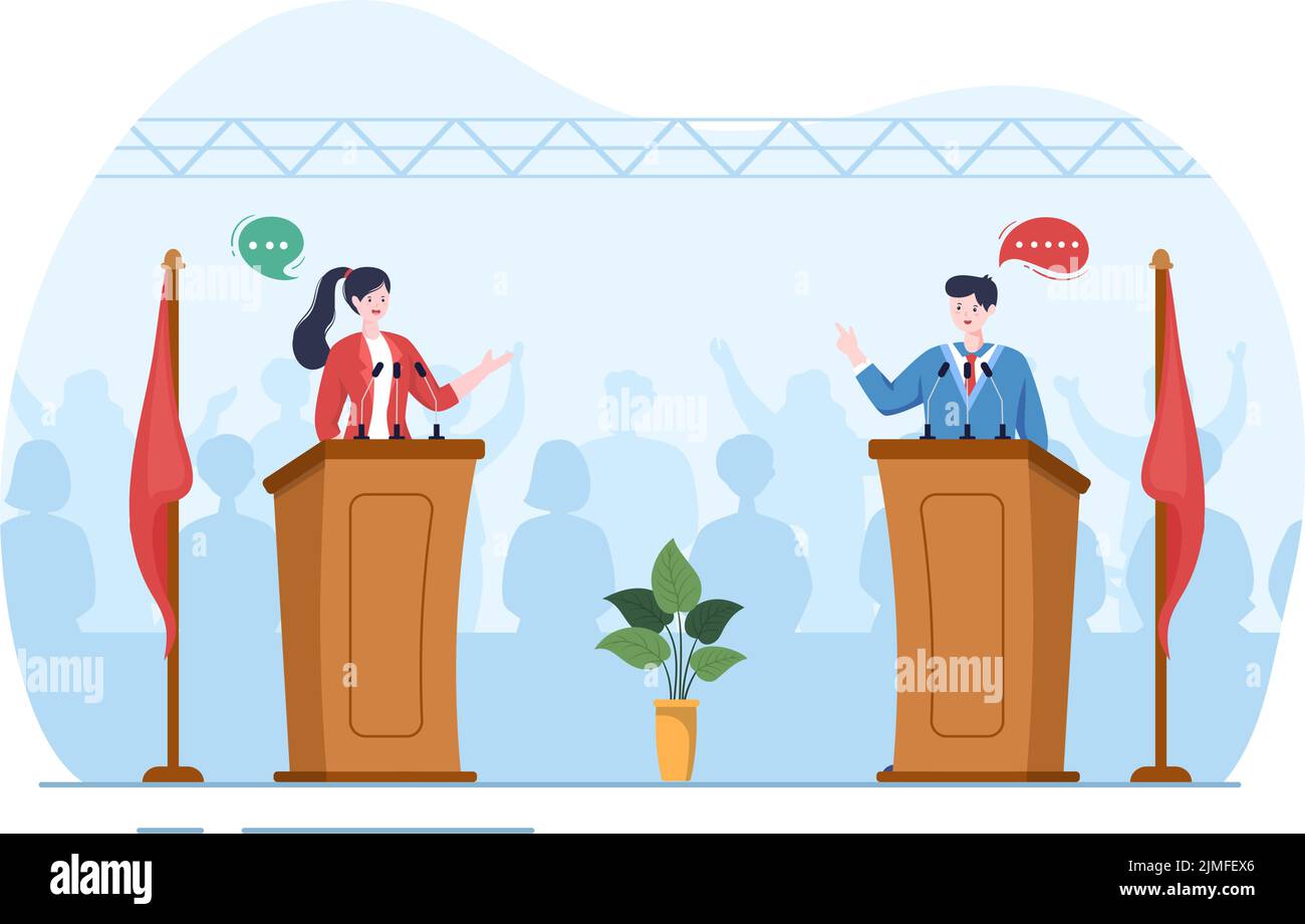 Political Candidate Cartoon Hand Drawn Illustration with Debates Concept for Promotion, Election Campaign, Active Discussion and Get Votes Stock Vector