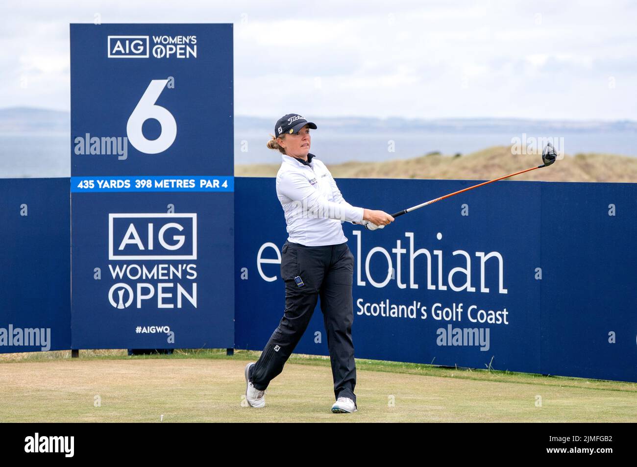 England's Bronte Law on the 6th tee during day three of the AIG Women's Open at Muirfield in Gullane, Scotland. Picture date: Saturday August 6, 2022. Stock Photo