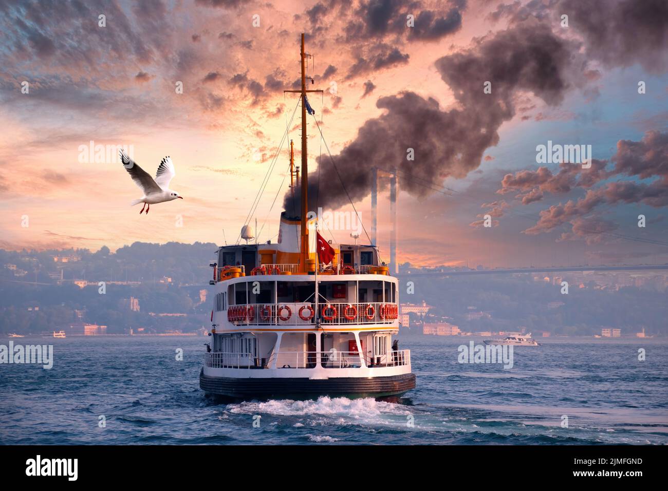 Ferry emitting large amount of black smoke. The ferry cruises in the ...