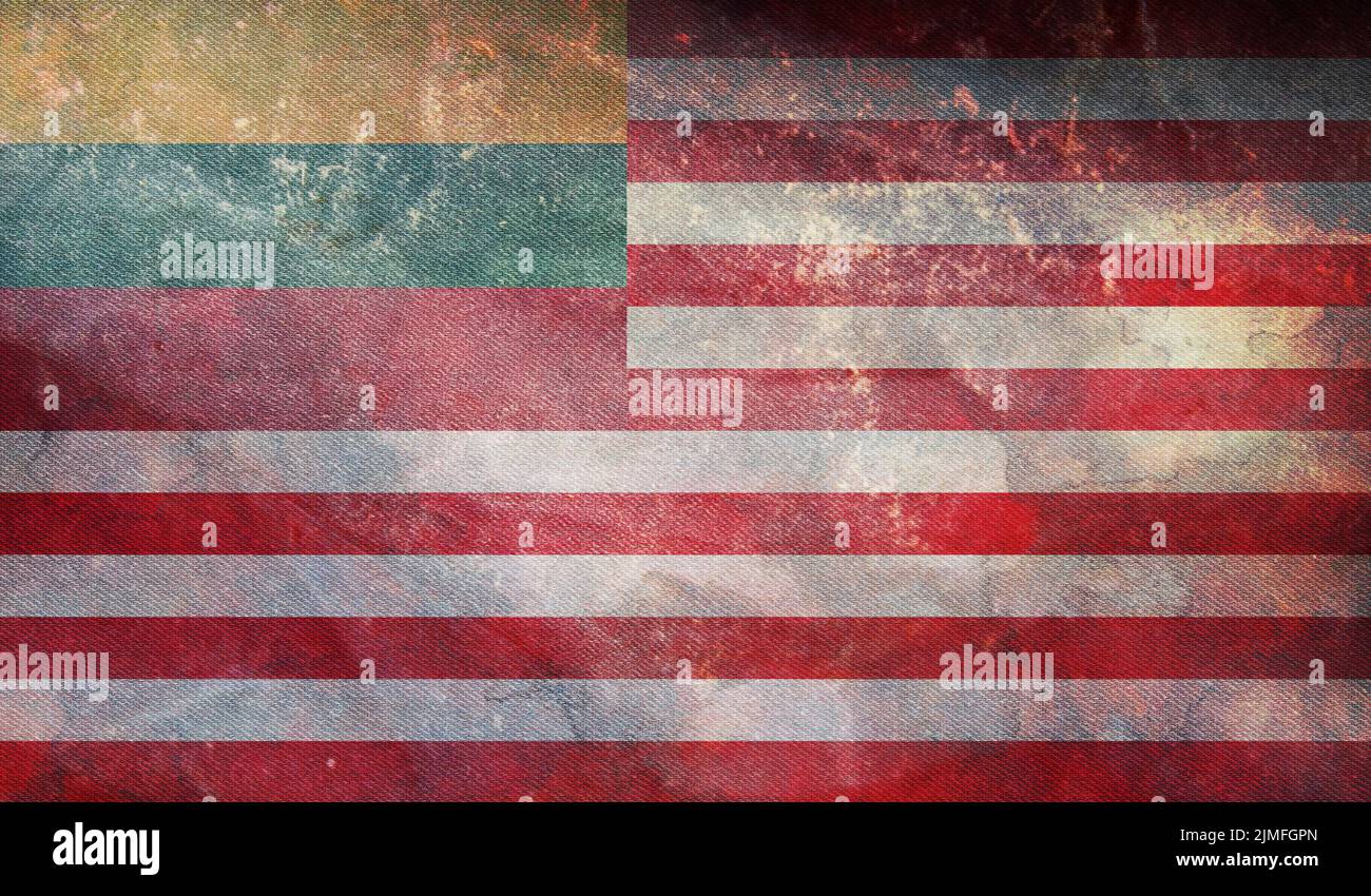 Top view of retro flag American Lithuanian Lithuania with grunge texture. Lithuanian travel and patriot concept. no flagpole. Plane layout, design. Fl Stock Photo