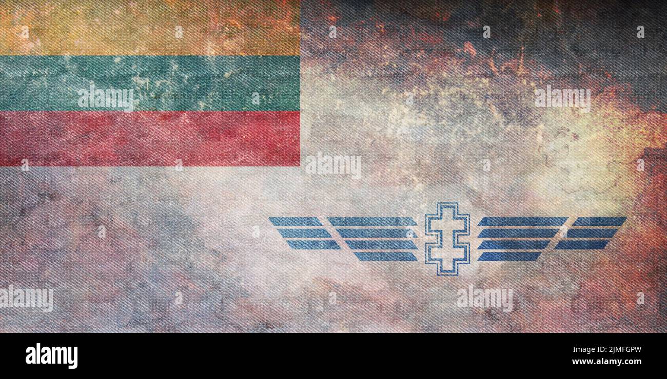 Top view of retro flag Air Force Ensign Lithuania with grunge texture. Lithuanian travel and patriot concept. no flagpole. Plane layout, design. Flag Stock Photo