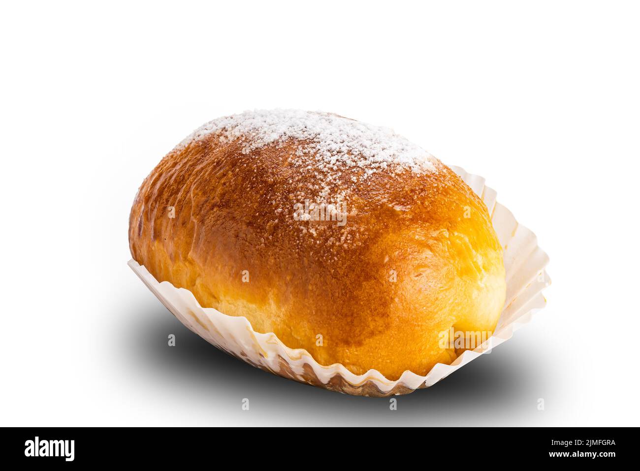 Side view of fresh butter bread with icing sugar isolated on white background. Stock Photo