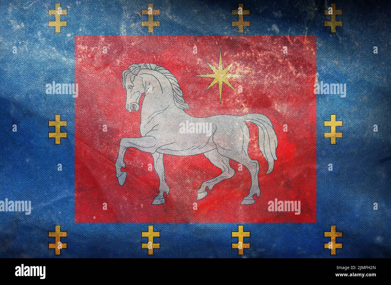 Top view of retro flag Utena County Lithuania with grunge texture. Lithuanian travel and patriot concept. no flagpole. Plane layout, design. Flag back Stock Photo