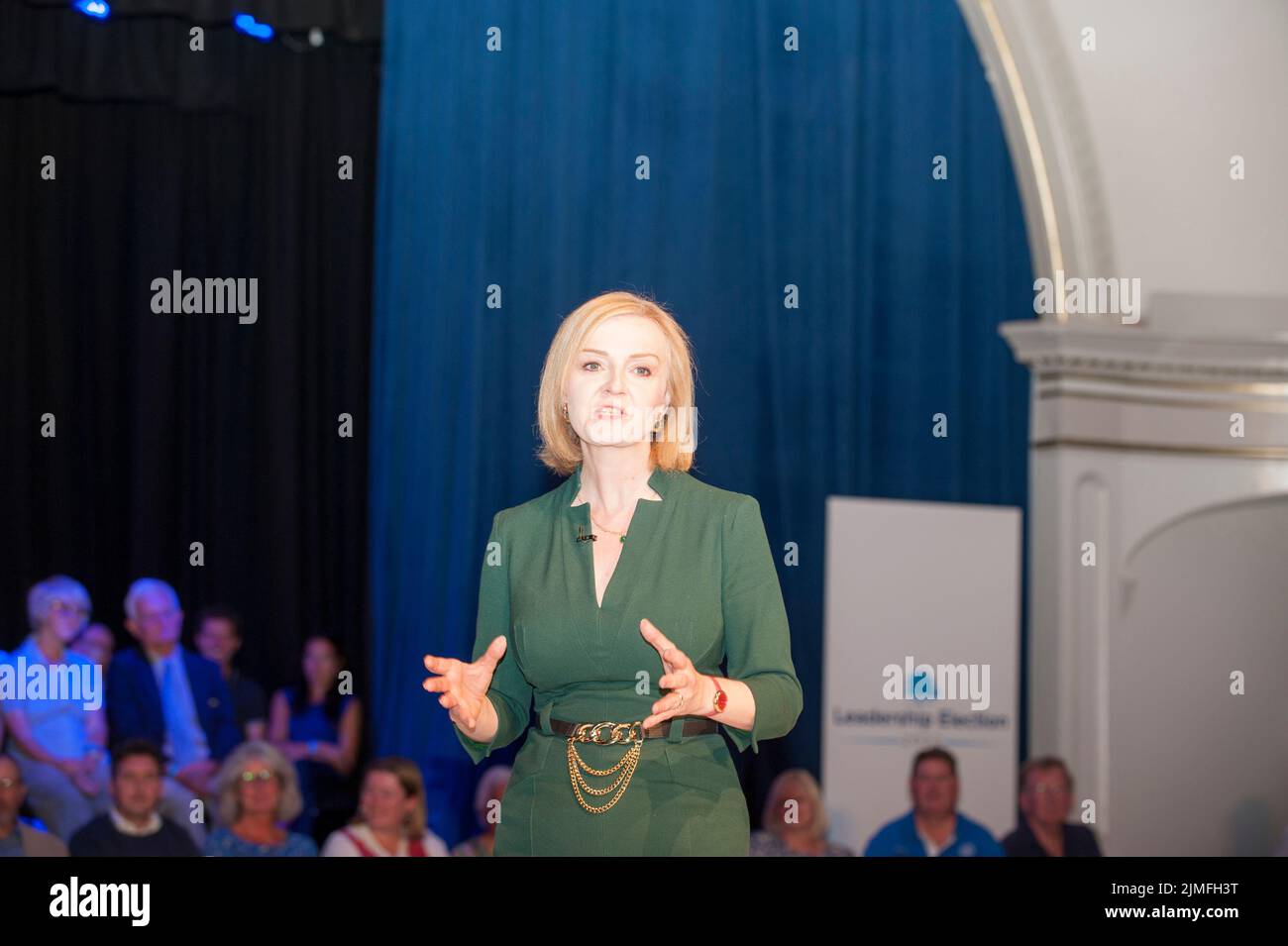 Liz Truss, Foreign Secretary and MP for South West Norfolk, in Eastbourne to face questions from Conservative party members. Part of cross country hustings campaigning to replace Boris Johnson as Party Leader and Prime Minister. Stock Photo