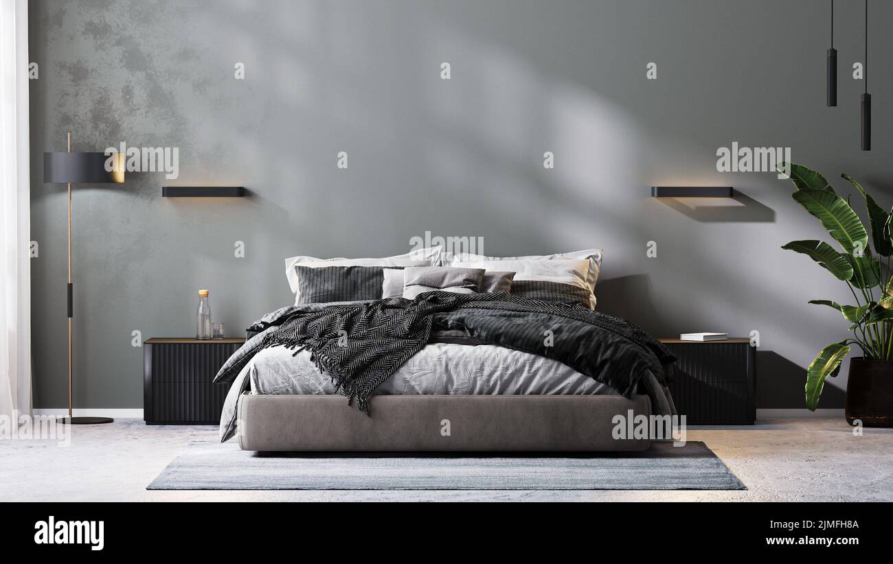Modern bedroom interior in gray tones, bedroom mock up, 3d rendering