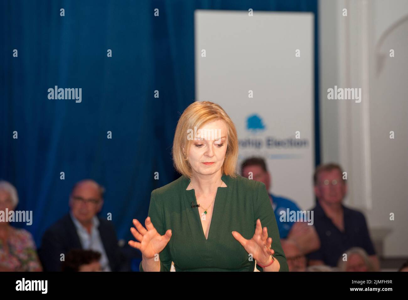 Liz Truss, Foreign Secretary and MP for South West Norfolk, in Eastbourne to face questions from Conservative party members. Part of cross country hustings campaigning to replace Boris Johnson as Party Leader and Prime Minister. Stock Photo