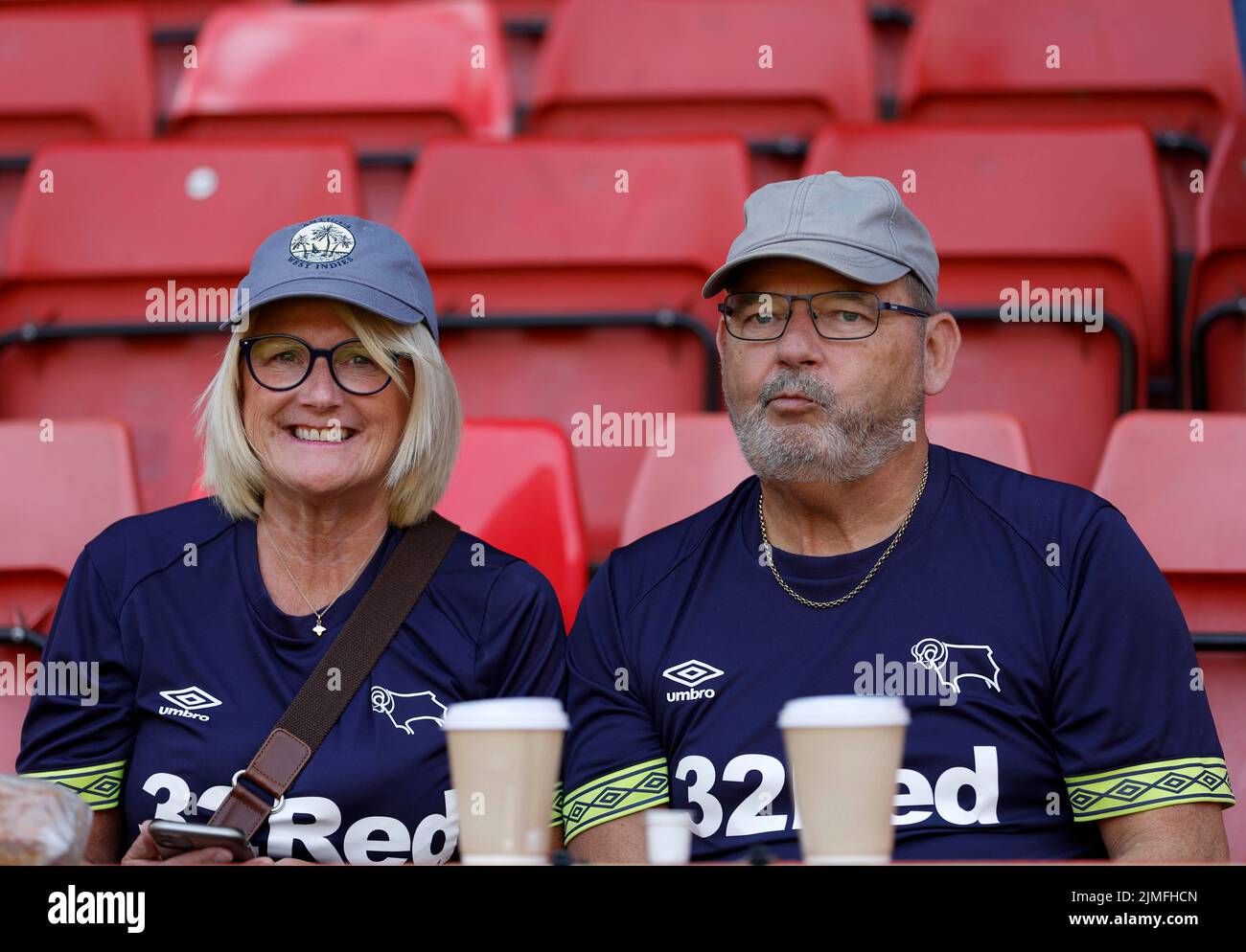 Derby County fans in the stands before the Sky Bet League One match at The Valley, London. Picture date: Saturday August 6, 2022. Stock Photo