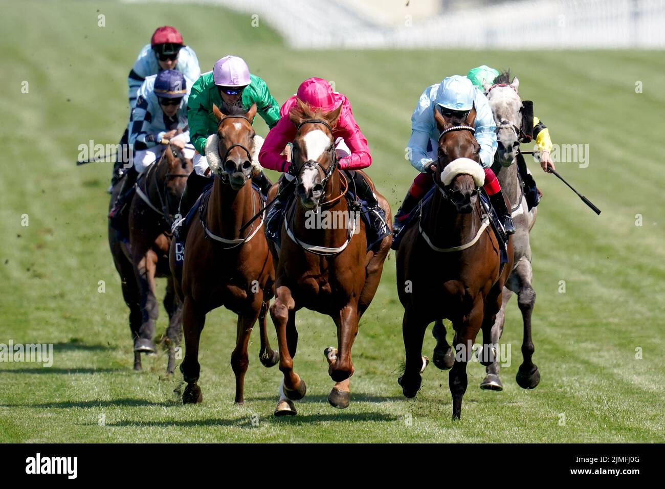 Manaccan (centre) ridden by Hayley Turner on the way to winning The Dubai Duty Free Shergar Cup Dash during the Shergar Cup Meeting at Ascot Racecourse. Picture date: Saturday August 8, 2022. Stock Photo
