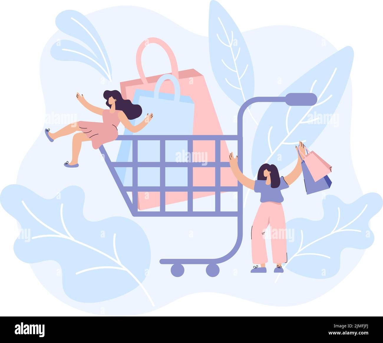 Young women walking with shopping cart. vector Illustration flat design tiny people rolling shopping bags full of discount purchases shopping black Stock Vector