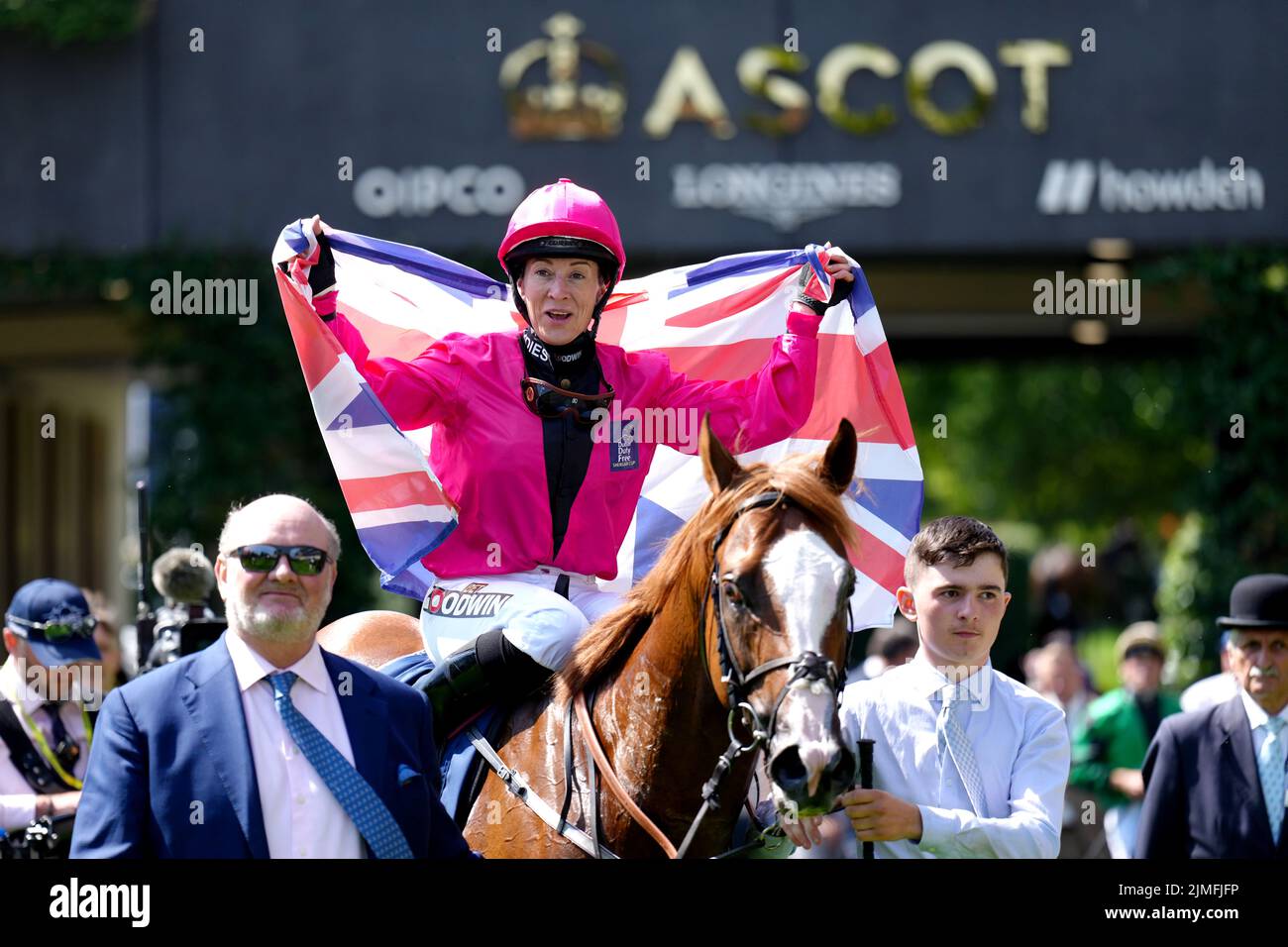 Hayley Turner celebrates after winning The Dubai Duty Free Shergar Cup Dash onboard Manaccan during the Shergar Cup Meeting at Ascot Racecourse. Picture date: Saturday August 8, 2022. Stock Photo