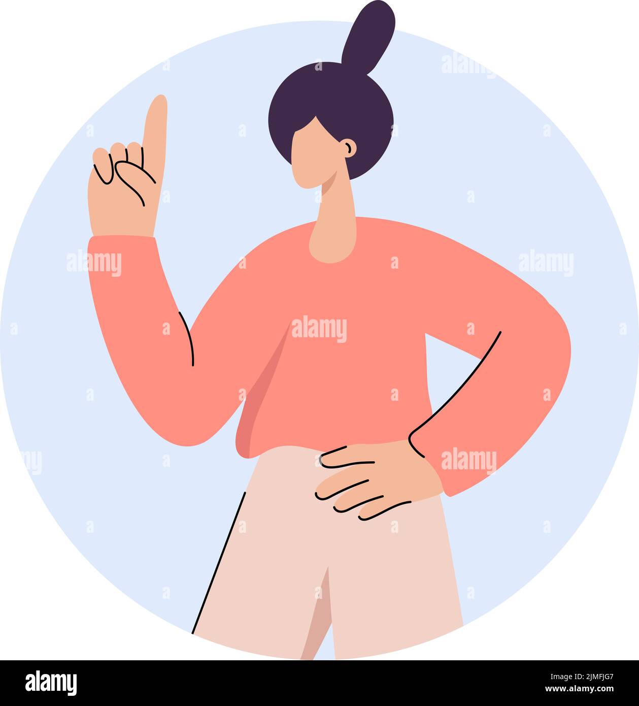 Cute flat woman points her finger up. She in round background. Vector people has business idea or something. The concept of innovation, solution and Stock Vector