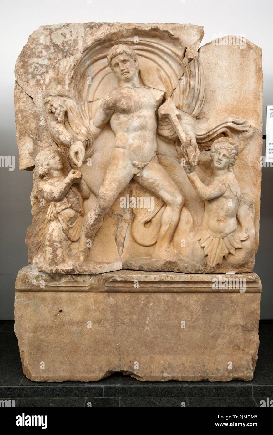 An ancient stone statue within the AphrodIsias Museum in Turkey titled Claudius, Master of Land and Sea. Stock Photo
