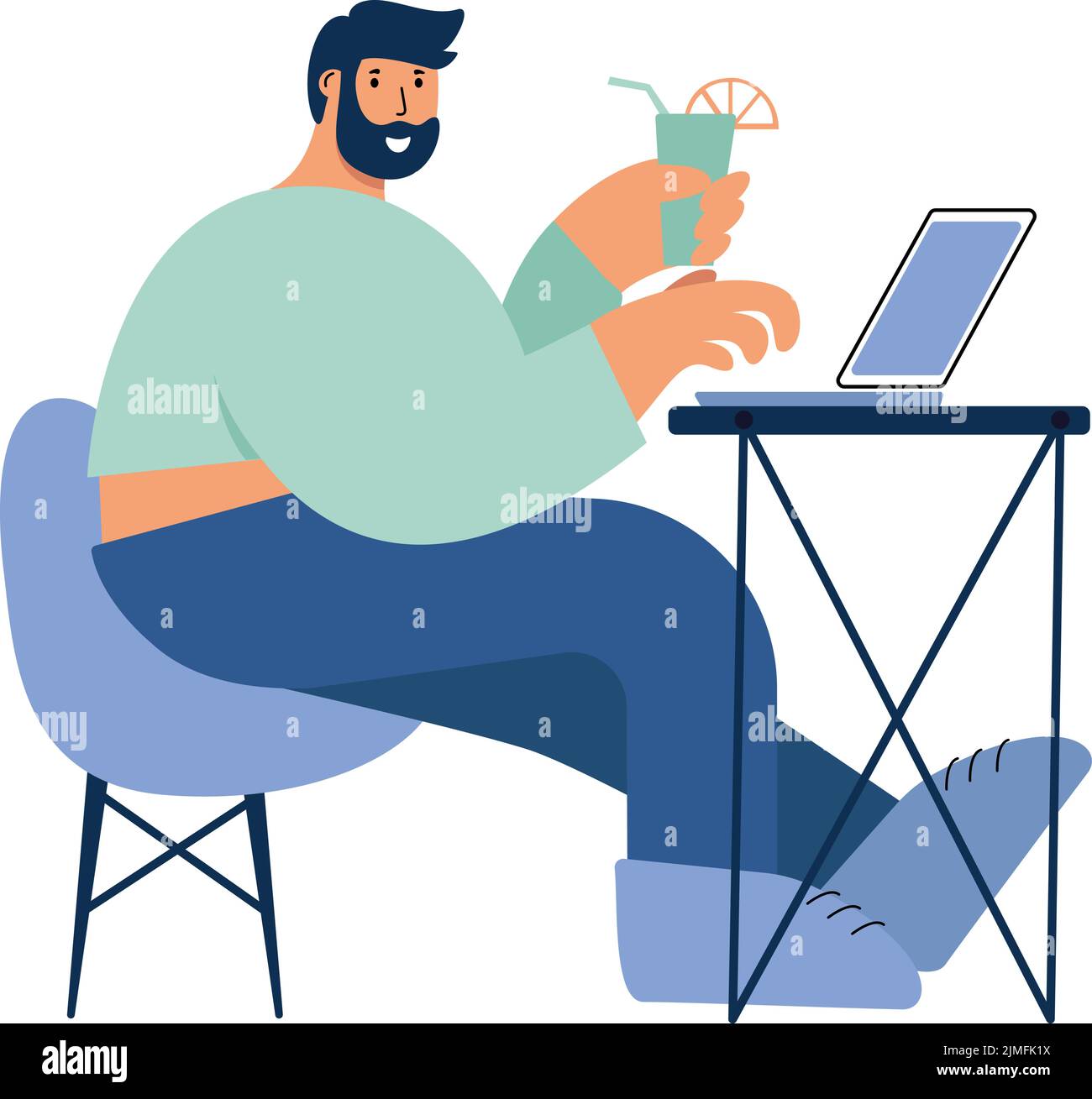 Cute Man flat Working On Laptop And Drink lemonade vector Icon Illustration. People Technology Icon Concept Isolated on white background Stock Vector