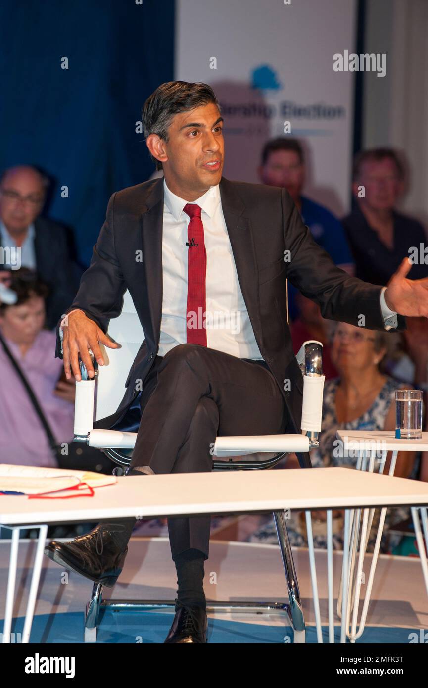 Rishi Sunak, former Conservative Chancellor, MP for Richmond (Yorks) in Eastbourne to face questions from Conservative party members. Part of cross country hustings campaigning to replace Boris Johnson as Party Leader and Prime Minister. Stock Photo