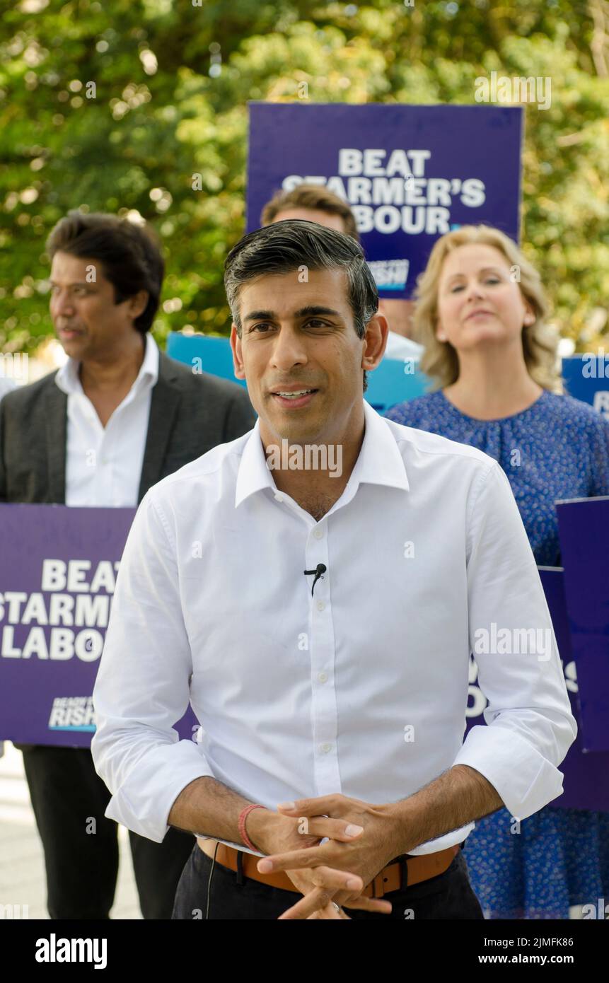 Rishi Sunak, former Conservative Chancellor, MP for Richmond (Yorks) arrives in Eastbourne to face questions from Conservative party members. Part of cross country hustings campaigning to replace Boris Johnson as Party Leader and Prime Minister. Stock Photo