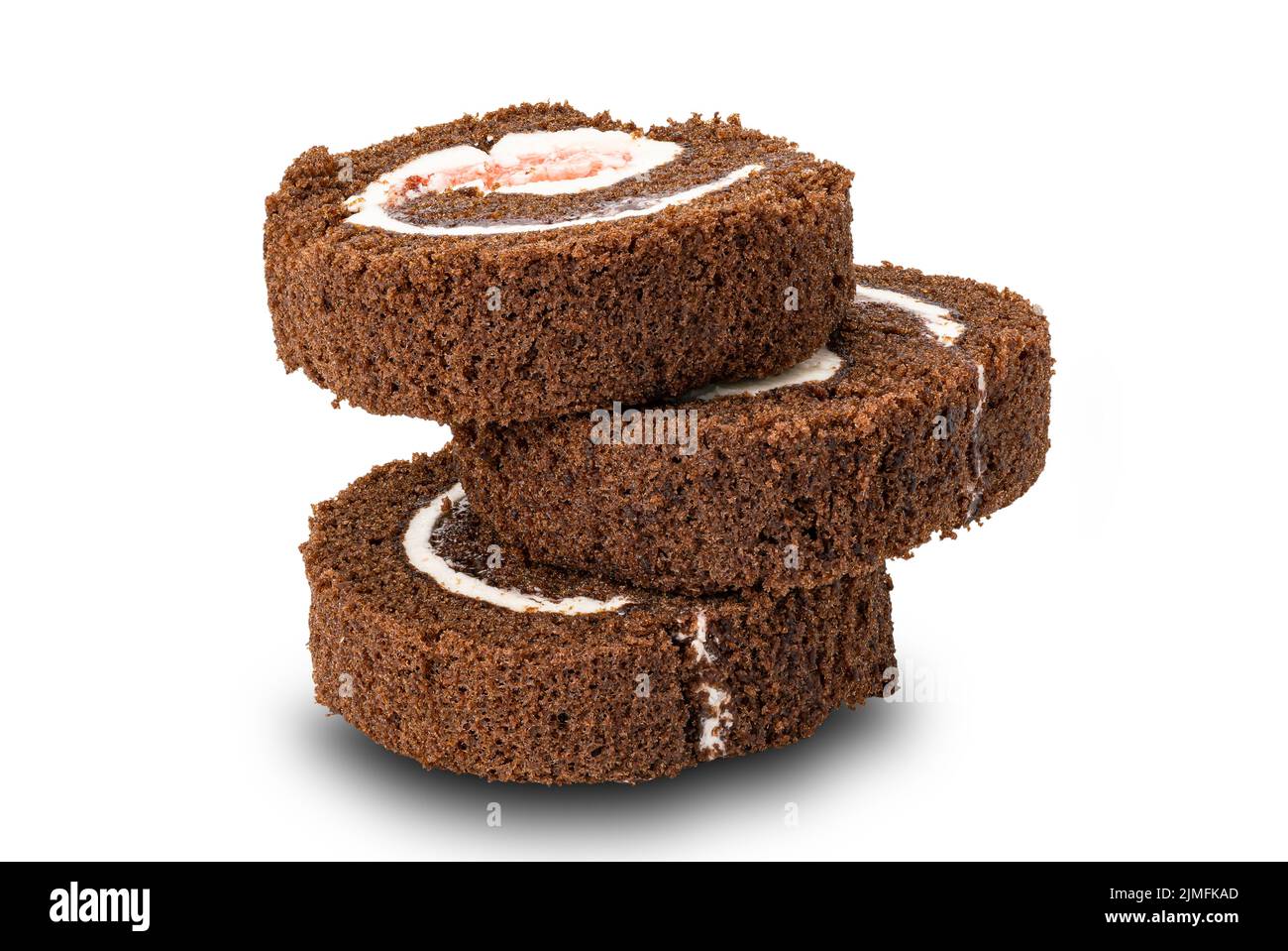 Stack of homemade Mini Black Forest Chocolate Sponge Cake Roll isolated on white background. Stock Photo
