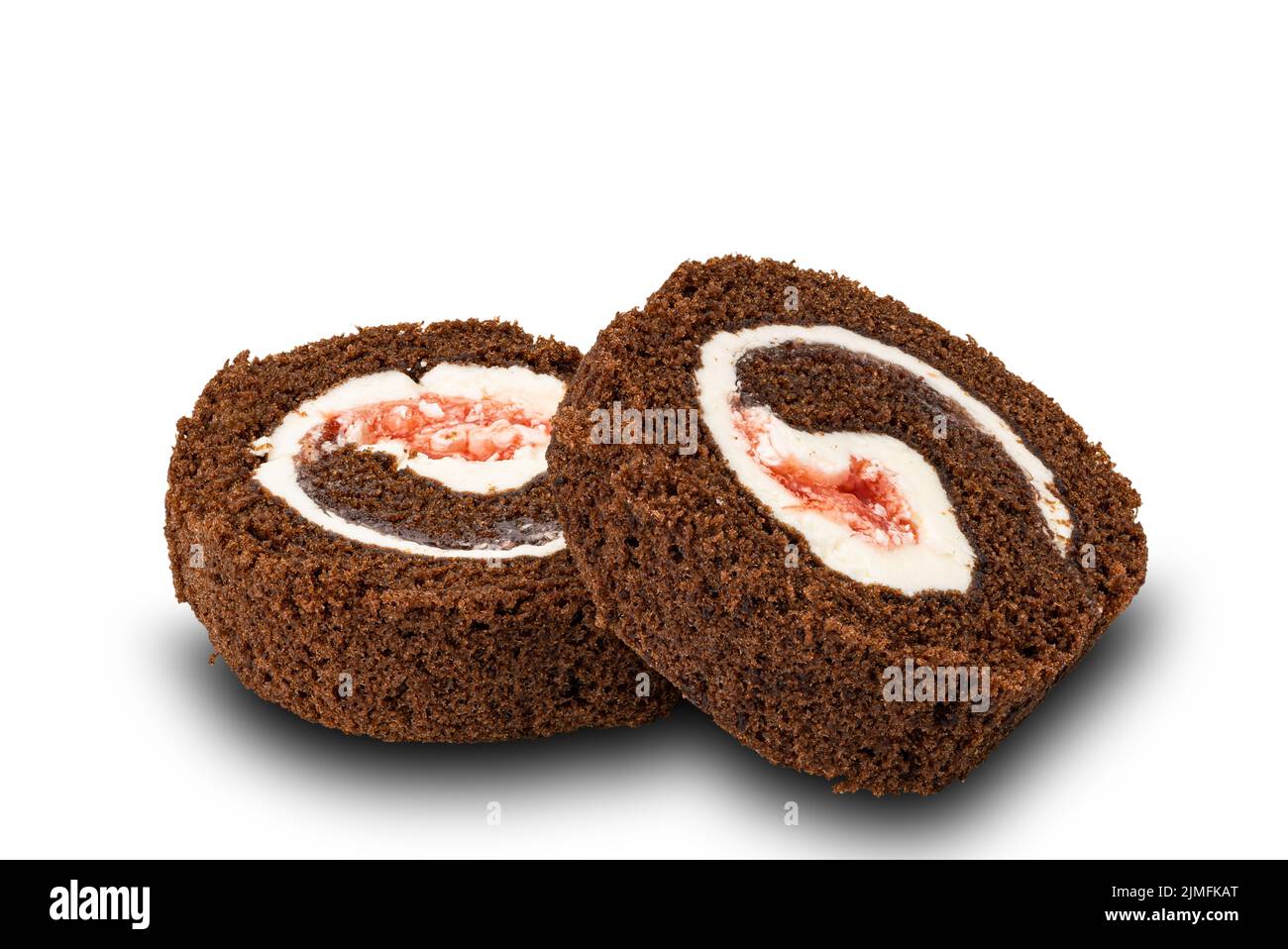 Sliced homemade Mini Black Forest Chocolate Sponge Cake Roll on white background. Stock Photo