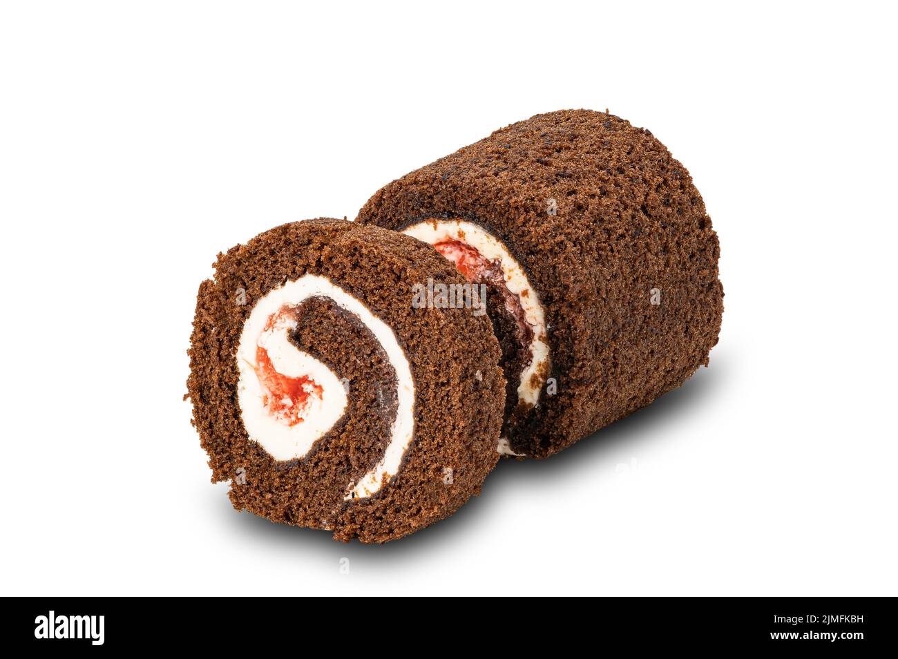 Delicious homemade Mini Black Forest Chocolate Sponge Cake Roll filled with white cream isolated on white background. Stock Photo