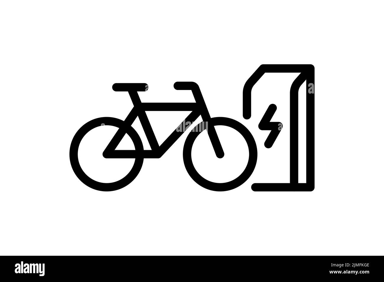 Electric bicycle charging in charger station linear icon. Electrical bike energy charge black symbol. Eco friendly electro cycle recharge sign. Vector eps battery powered e-bike transportation Stock Vector